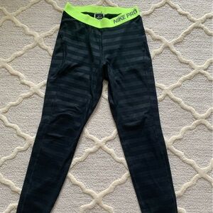 Nike Pro Black Fleece lined Leggings with Neon Green Waistband